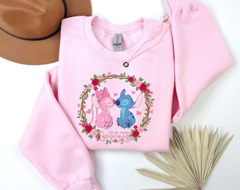 Stitch Valentine's Day Flowers Sweatshirt,Stitch and Angel Couple Gift, Stitch Valentines Day Gift, Disney Couple Sweatshirt,Romantic Disney