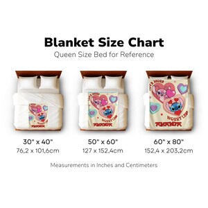 The image is a blanket size chart for queen-sized beds, displaying three different blanket sizes along with their corresponding measurements in inches and centimeters.
