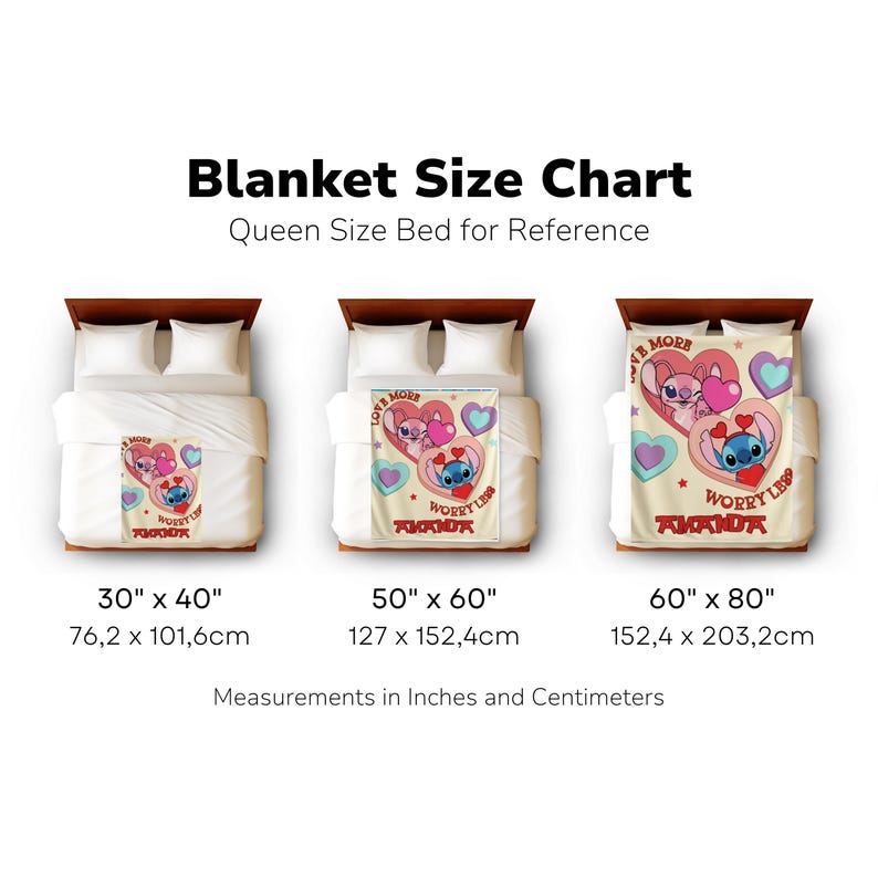 The image is a blanket size chart for queen-sized beds, displaying three different blanket sizes along with their corresponding measurements in inches and centimeters.