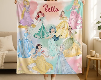 Personalized Disney Princess Blanket, Princess Girl Gift, Personalized Kid Blanket,Girly Gift Ideas, Disney Cinderella Ariel Belle Blanket