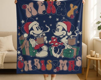 Customizable Mickey & Minnie Mouse Christmas Blanket, Vintage Hot Cocoa Christmas Blanket, Merry Christmas Disney Blanket, Disney Blanket