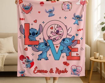 Personalized Stitch Valentines Blanket,Custom Lilo and Stitch Valentine’s Plush Throw Blanket,Love Stitch Gift,Couple Blanket,Valentine Gift