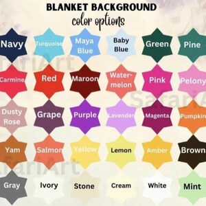 a variety of blanket colors, including navy blue, turquoise, baby blue, green, pine, light green, carnine, red, maroon, pink, peony, mocha, lavender, magenta, pumpkin, caramel, grape, purple, lemon, amber, brown, coral, flame, yam, salmon, yellow, lemon, amber, brown, coral, black, gray, ivory, stone, cream, white, mint, and rose.
