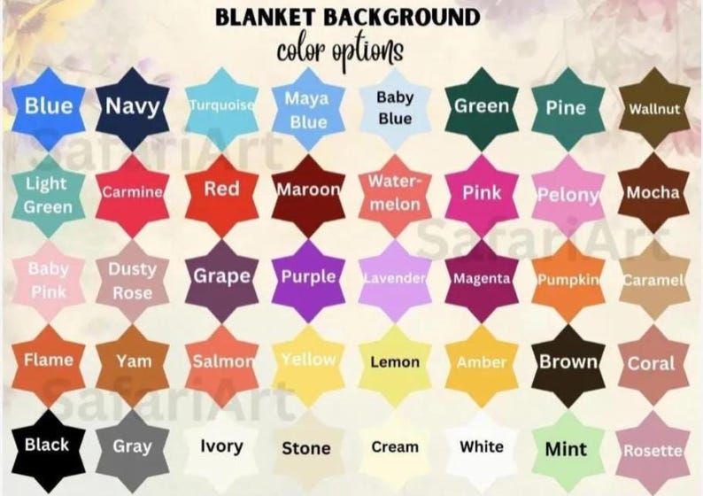 a variety of blanket colors, including navy blue, turquoise, baby blue, green, pine, light green, carnine, red, maroon, pink, peony, mocha, lavender, magenta, pumpkin, caramel, grape, purple, lemon, amber, brown, coral, flame, yam, salmon, yellow, lemon, amber, brown, coral, black, gray, ivory, stone, cream, white, mint, and rose.