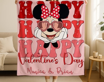 Personalized Disney Minnie Mouse Happy Valentines Day Blanket,Valentine Gift,Disney Couple Gift,Minnie Cozy Throw,Disney Home Decor Gift