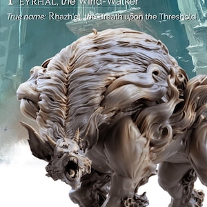 Op de afbeelding: Gedetailleerde sculptuur van een mythisch wezen, FEYRHAL, de Wind-Walker, met de ware naam Rhazh'el, de Adem op de Drempel. Het wezen heeft een leeuwachtig lichaam met een gedetailleerde manen, hoorns en een open mond. De kleur is lichtbruin.
