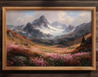 Mountain Wildflower Valley Landscape Painting Print, Alpine Meadow Wall Art, Vintage Nature Art Poster, Scenic Mountain, Country Field Decor