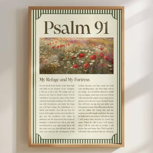 Puede incluir: Impresión enmarcada con el texto "Salmo 91" y una imagen floral con amapolas rojas. La impresión incluye el versículo bíblico "Mi refugio y mi fortaleza" y está en un marco de madera.