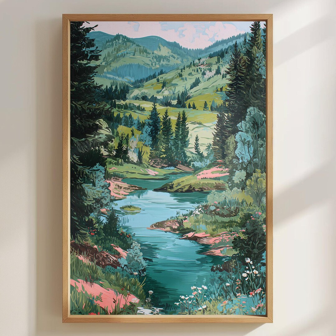 Vibrant River Valley Landscape Painting Print, Mountain Forest Wall Art ...