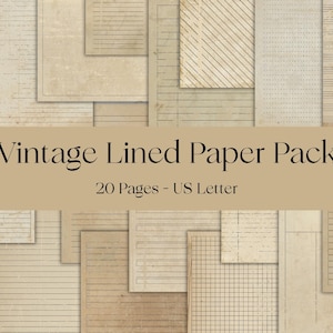 May include: A collection of vintage-style lined paper sheets in various designs. The paper has a beige color with aged textures and lines. The text "Vintage Lined Paper Pack" is displayed on a tan banner, along with "20 Pages - US Letter."