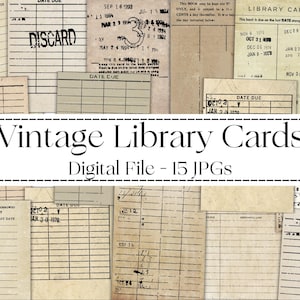 Puede incluir: Un conjunto de tarjetas de biblioteca vintage con varios sellos, fechas y notas manuscritas. La imagen incluye el texto "Vintage Library Cards - Digital File - 15 JPGs". Las tarjetas tienen un tono sepia, evocando historia.