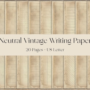 May include: A collection of 20 sheets of neutral vintage writing paper in US Letter size. The paper has a sepia tone with various lined, dotted, and grid patterns. The text "Neutral Vintage Writing Paper" is displayed.