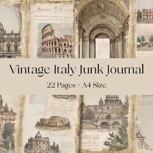 Può includere: Un diario vintage con illustrazioni di monumenti italiani, tra cui il Colosseo e la Basilica di San Pietro. Il diario presenta 22 pagine in formato A4, con un banner beige che recita "Vintage Italy Junk Journal".