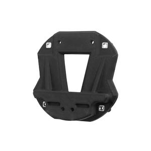 May include: A black, geometric-shaped object with a large rectangular opening in the center. The object has a textured surface and several small, silver-colored metal fasteners. The design appears to be a structural component.