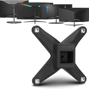 May include: A black monitor stand with a cross-shaped base and a square center. The stand has four holes for screws. Several black computer monitors with colorful LED lights are in the background.