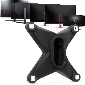 May include: Black monitor stand with an X-shaped base and four white square accents. Several black computer monitors with red and silver accents are in the background. The monitors have a sleek, modern design.