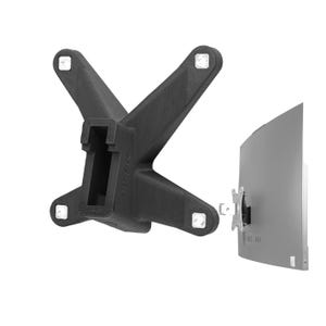 May include: A black, 3D-printed monitor stand with a unique, angular design. The stand has a central support and three arms extending outwards, each with a square, white pad. A curved, silver monitor is attached to the stand.