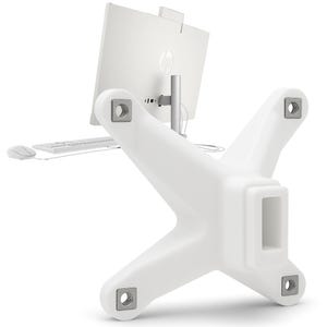 May include: A white all-in-one computer with a matching keyboard and mouse. The computer is supported by a white, X-shaped stand with four metal inserts. The HP logo is visible on the back of the monitor.
