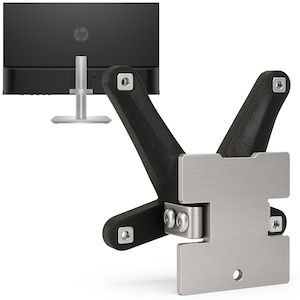 May include: A black and silver monitor mount with a V-shaped arm design. The mount is made of black textured material and silver metal. The mount is designed to hold a computer monitor, with the monitor visible in the background.