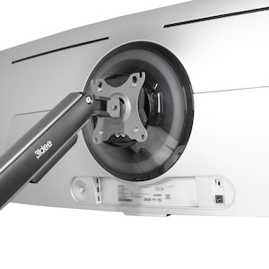 May include: A silver computer monitor with a black monitor arm attached. The monitor arm has the text "31dee" printed on it. The back of the monitor has a circular opening with a mounting bracket.