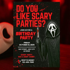 Editable Halloween Birthday Invitation, Scream Birthday Invitation, Ghostface Birthday Party Invite, 90s Horror Movie Birthday Party Invite