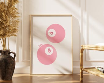 Lucky 8 Ball Poster: Hand Drawn Vintage Pink Pool Art (Digital Download)