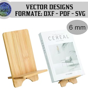 May include: Two bamboo book stands, one holding a book titled "CEREAL". The stands are made of light-colored bamboo and are designed to hold books or tablets. The text "VECTOR DESIGNS FORMAT: DXF - PDF - SVG" is at the top.