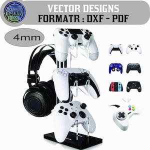 May include: A black and clear acrylic game controller stand holding three white game controllers. The stand also holds a black headset. Additional game controllers in various colors are displayed to the right. The text "VECTOR DESIGNS FORMATR : DXF - PDF" is at the top.