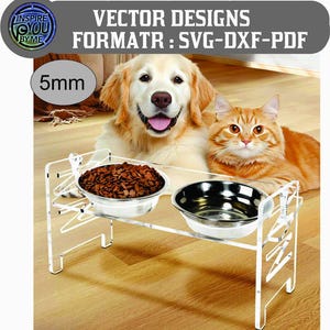 May include: A clear acrylic pet feeder with two stainless steel bowls. The feeder is elevated and has a modern design. The image also features a golden retriever and an orange tabby cat. Text on the image says "VECTOR DESIGNS FORMATR: SVG-DXF-PDF".