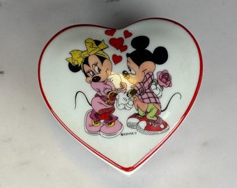 Vintage Mickey & Minnie Mouse LOVE Trinket Box - Reutter Porzellan W. Germany Disney Heart Box