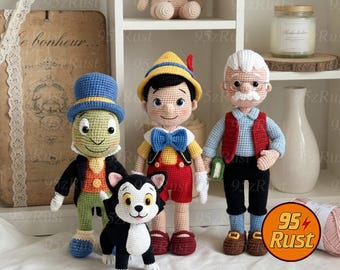 Pinocchio Crochet Doll Set, Disney Movie Amigurumi Figure, Jiminy Cricket Plush Toy, Handmade Fiber Art, Amigurumi Art Toy