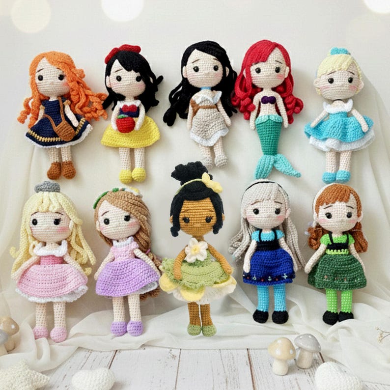Handmade Crochet Princess Dolls, Ariel, Cinderella, Tiana, Snow White Amigurumi Toy image 1