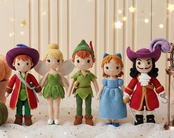 Ręcznie robione na szydełku lalki Piotruś Pan, Dzwoneczek, Kapitan Hak, zestaw zabawek amigurumi