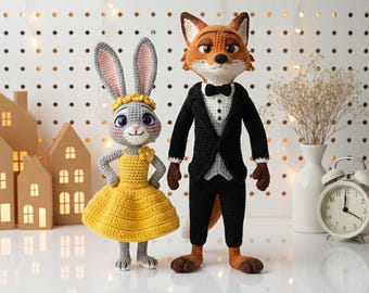 Ręcznie robione na szydełku lalki Nick i Judy amigurumi, zestaw postaci z Zootopii