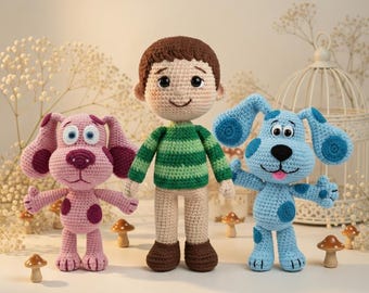 Ręcznie szydełkowany zestaw lalek Blue's Clues, pluszowe niebieskie pieski w kolorze magenty, wypchana zabawka-postać