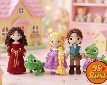 Ręcznie robiony na szydełku zestaw lalek Roszpunka, pluszowa lalka amigurumi „Zaplątani”, zabawka Pascal
