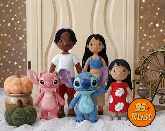 Stitch and Lilo Crochet Doll Set, Disney Movie Amigurumi Figures, Stuffed Alien Plush Toy, Unique Amigurumi Gift, Soft Crochet Plush
