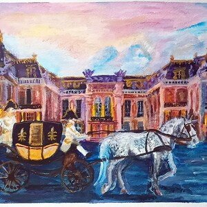 May include: An oil painting depicts a horse-drawn carriage in front of a grand building. The carriage is black and gold, pulled by a white horse. Figures in period attire are visible. The background features a building with ornate architecture and a colorful sky.