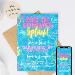 Neon Pool Party Invitation: Back to School, Editable Template (Digital Download 5x7in Canva Template)