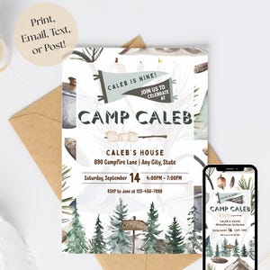 Puede incluir: Una invitación impresa para una fiesta de cumpleaños "Camp Caleb", con ilustraciones de acuarela de árboles, una fogata y una pancarta que dice "¡Caleb tiene nueve años!" La invitación incluye detalles del evento e información de RSVP. Un smartphone muestra la invitación.