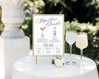Signature Cocktail Sign: Wedding Bar Menu Template (Digital Download, Editable Canva Template)
