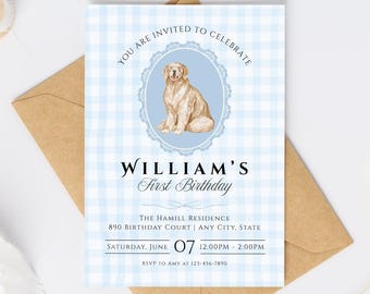 Puppy Dog 1st Birthday Invitation: Blue Gingham Theme (Editable Template - Digital Download)