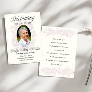 Annuncio funebre floreale rosa, invito per la celebrazione della vita, volantino commemorativo stampabile, modello di necrologio, modello modificabile