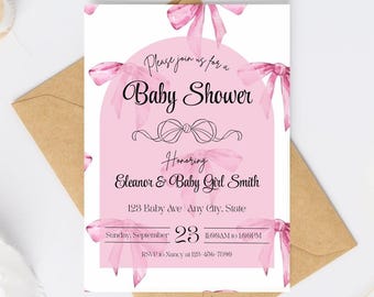 Invitación para baby shower con lazo rosa: Diseño de niña coqueta (Descarga digital, plantilla editable de 5x7)