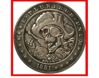 Rare 1881 USA United States Pirate in Hat Skull Pluribus Unum One Dollar Silver Color Coin - Explore Now!