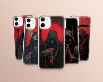 以下が含まれることがあります： ゴシック様式のイラストが描かれた、スマートフォンケースのコレクション。各ケースには、黒いローブを着た死神の姿が描かれ、赤い背景を背景に様々なオブジェクトを持っています。スマートフォン用に設計されたケースです。