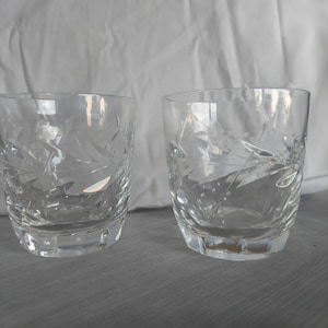 Vintage Cut Crystal Brandy Snifters – Set of 2 | Etched Cognac Glasses with Leaf Design | Mid Century Barware Glassware