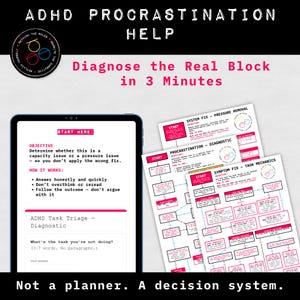 Op de afbeelding: Afbeelding met de tekst "ADHD PROCRASTINATION HELP" en "Diagnoseer de echte blokkade in 3 minuten". Het toont een tabletscherm met diagnostische vragen en stroomdiagrammen voor taakbeheer. De slogan luidt: "Geen planner. Een beslissingssysteem."