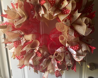 Cookie Door Hanger Wreath: Red & Tan Deco Mesh, Spring Summer Decor