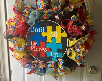 Autism Awareness Wreath: Puzzle Piece Door Hanger, Autism Mom Gift